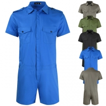 Fashion Solid Color Stand Collar Short Sleeve Patch Pockets Romper for Men