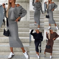 Street Fashion Solid Color Two-piece Set Consist of Hooded Sweatshirt and Tank Dress