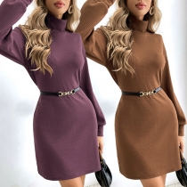 Fashion Solid Color Turtleneck Long Sleeve Bodycon Dress