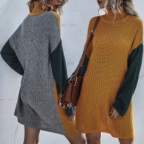 Fashion Contrast Color Turtleneck Long Sleeve Knitted Sweater Dress