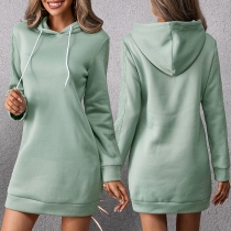 Casual Solid Color Lace Spliced Long Sleeve  Drawstring Hooded Sweatshirt Dress