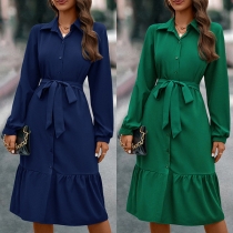Fashion Solid Color Stand Collar Long Sleeve Self-tie Buttoned Shirt Dress