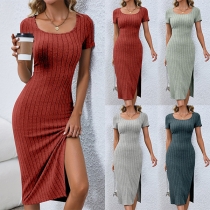 Fashion Solid Color Round Neck Short Sleeve Slit Ribbed Dress