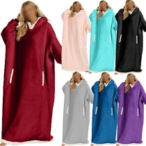 Fashion Contrast Color Long Sleeve Front-pocket Faux Lamb Wool Hooded TV Blanket