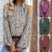 Fashion Floral Printed Open Shoulder Long Sleeve Round Neck Shirt