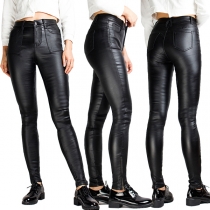 Fashion Patch Pockets Black Artificial Leather PU Skinny Pants
