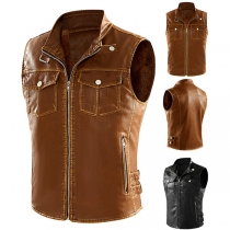 Vintage Warm Plush Lined Artificial Leather PU Sleeveless Vest for Men
