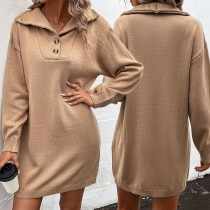 Fashion Buttoned Lapel Long Sleeve Sweater Dress
