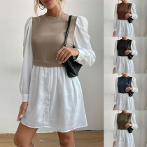 Casual Contrast Color Round Neck Puff Long Sleeve Mock Two-piece Shirt Dress