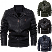 Vintage Artificial Leather PU Long Sleeve Zipper Jacket for Men