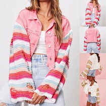 Street Fashion Contrast Color Striped Knitted Spliced Frayed Jacket