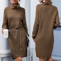 Fashion Solid Color Turtle Neck Long Sleeve Slit Sweater Dress