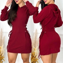 Fashion Solid Color Long Sleeve Lace-up Hooded Dress