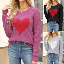 Fashion Heart Pattern Round Neck Long Sleeve Knitted Sweater