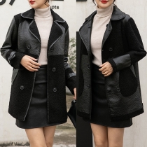 Fashion Notch Lapel Double Breasted Artificial Fur Spliced Artificial Leather PU Reversible Jacket