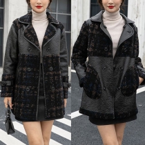 Fashion Double Breasted Woolen Checkered Spliced Artificial Leather Reversible Coat