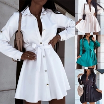 Fashion Solid Color Stand Collar Long Sleeve Buttoned Self-tie Shirt Dress