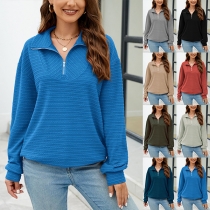 Fashion Solid Color Long Sleeve Half-zipper Lapel Pullover Shirt