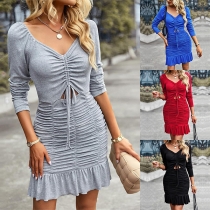 Fashion Ruched Drawstring V-neck Front Cut-out Long Sleeve Ruffled Hemline Bodycon Dress
