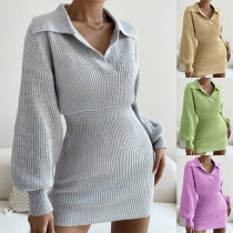 Fashion Solid Color V-neck Lapel Long Sleeve Knitted Ribbed Dress