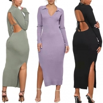Sexy Solid Color V-neck Backless Slit Long Sleeve Ribbed Bodycon Dress
