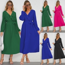 Fashion Solid Color Ruffled V-neck Long Sleeve Self-tie Pleated Dress