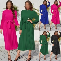 Fashion Solid Color Long Sleeve Self-tie Pleated Dress