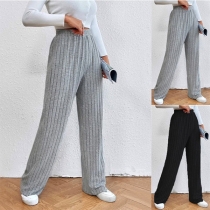 Casual Comfortable Solid Color Elastic Waist Ribbed Straight Pants