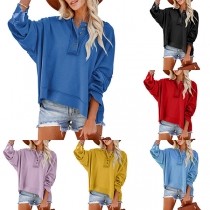 Casual Solid Color Buttoned Round Neck Batwing Sleeve Sweatshirt