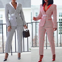 Fashion Two-piece Checkered Suit Set Consist of Lapel Blazer and Pants
