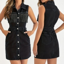 Street Fashion Beaded Tassel Stand Collar Sleeveless Black Denim Dress