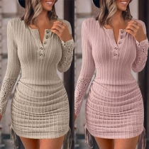 Fashion Buttoned V-neck Lace Spliced Long Sleeve Side Drawstring Bodycon Dress
