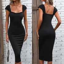 Sexy Solid Color Square Neck Cap Sleeve Bodycon Dress