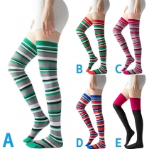 Fashion Contrast Color Stripe Printed Over-the-knee Socks