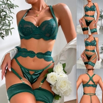 Sexy Lace Front Cutout Criss-cross Backless Four-piece Lingerie Set