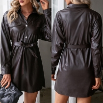 Street Fashion Buttoned Stand Collar Long Sleeve Self-tie Artificial Leather PU Shirt