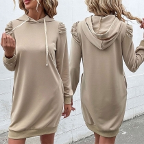Casual Solid Color Puff Long Sleeve Drawstring Hooded Dress