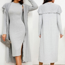 Elegant Ribbed Two-piece Set Consist of Cardigan and Tank Dress
