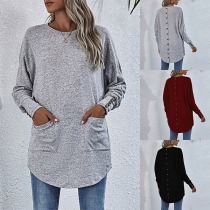 Casual Solid Color Round Neck Long Sleeve Buttoned Shirt with Patch Pockets