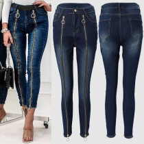 Street Fashion Old-washed Front Zipper Denim Jeans