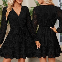 Elegant V-neck Self-tie Long Sleeve Lace Dress