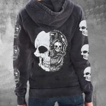 Punk Fashion Skull Printed Long Sleeve Hooded Sweatshirt