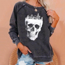 Casual Skull Printed Round Neck Long Sleeve Shirt