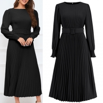 Elegant Solid Color Round Neck Long Sleeve Pleated Dress with Belt
