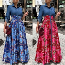 Casual Denim Spliced Floral Printed Maxi Dress