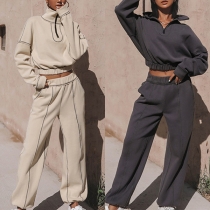 Fashion Solid Color Two-piece Set Consist of Half-zipper Crop Top and Sweatpants