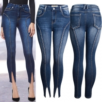 Fashion Old-washed Mid-rise Slit Denim Jeans