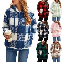 Fashion Checkered Drawstring Hooded Sweatshirt