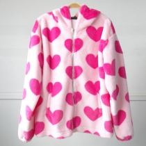 Cute Plush Heart Printed Hooded Zipper Jacket
