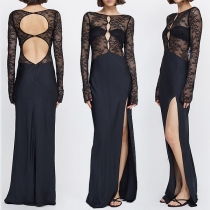 Fashion Lace Spliced Front Cutout Round Neck Long Sleeve Backless Slit Party Dress